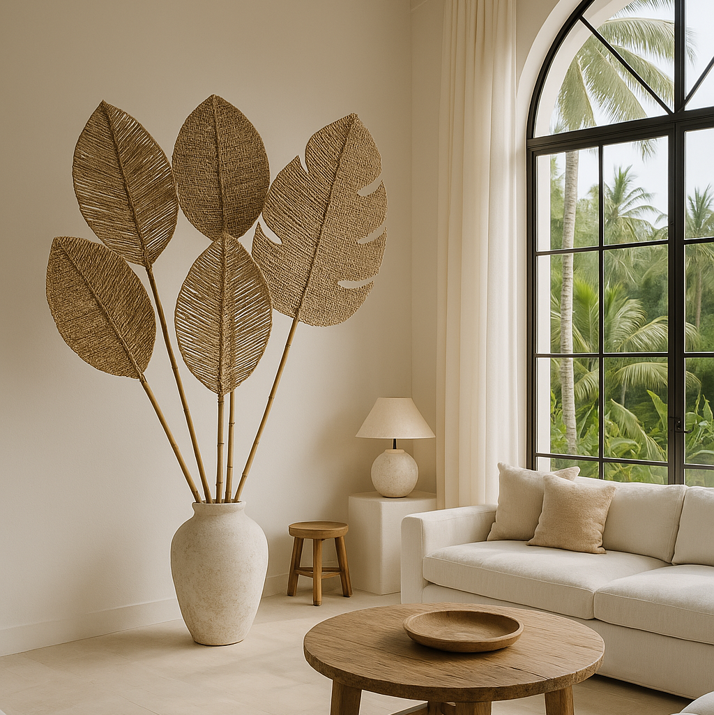 Living room with beige walls, a large window, and decorative elements.