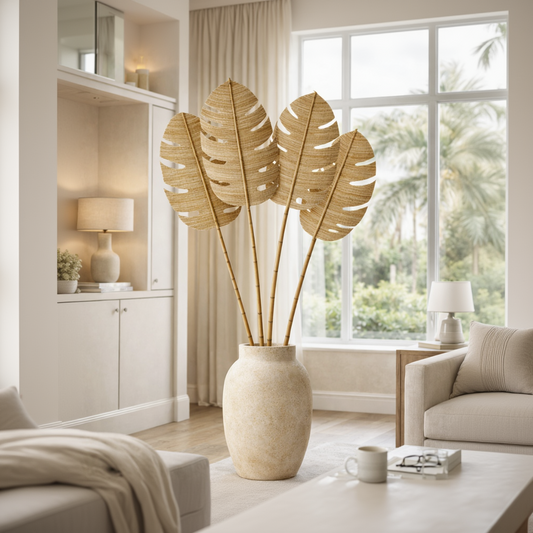 Decorative plant in a vase on a coffee table in a living room with large windows.