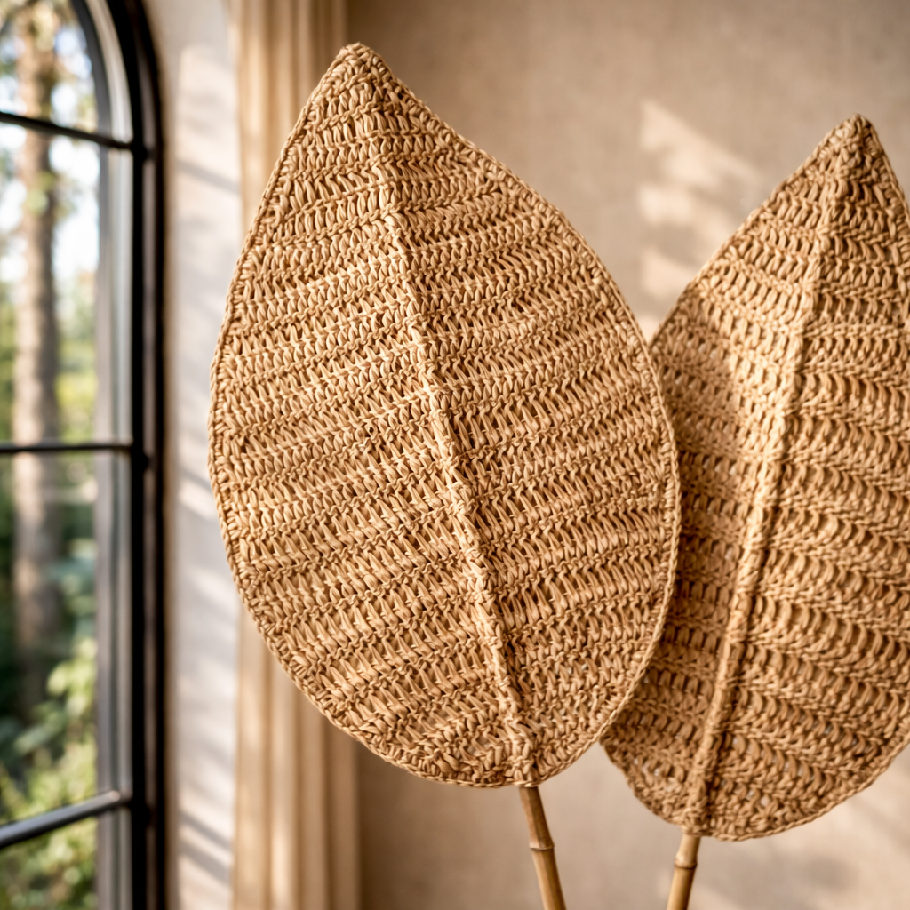 Two woven leaf-shaped decorative items against a neutral wall with a window in the background.