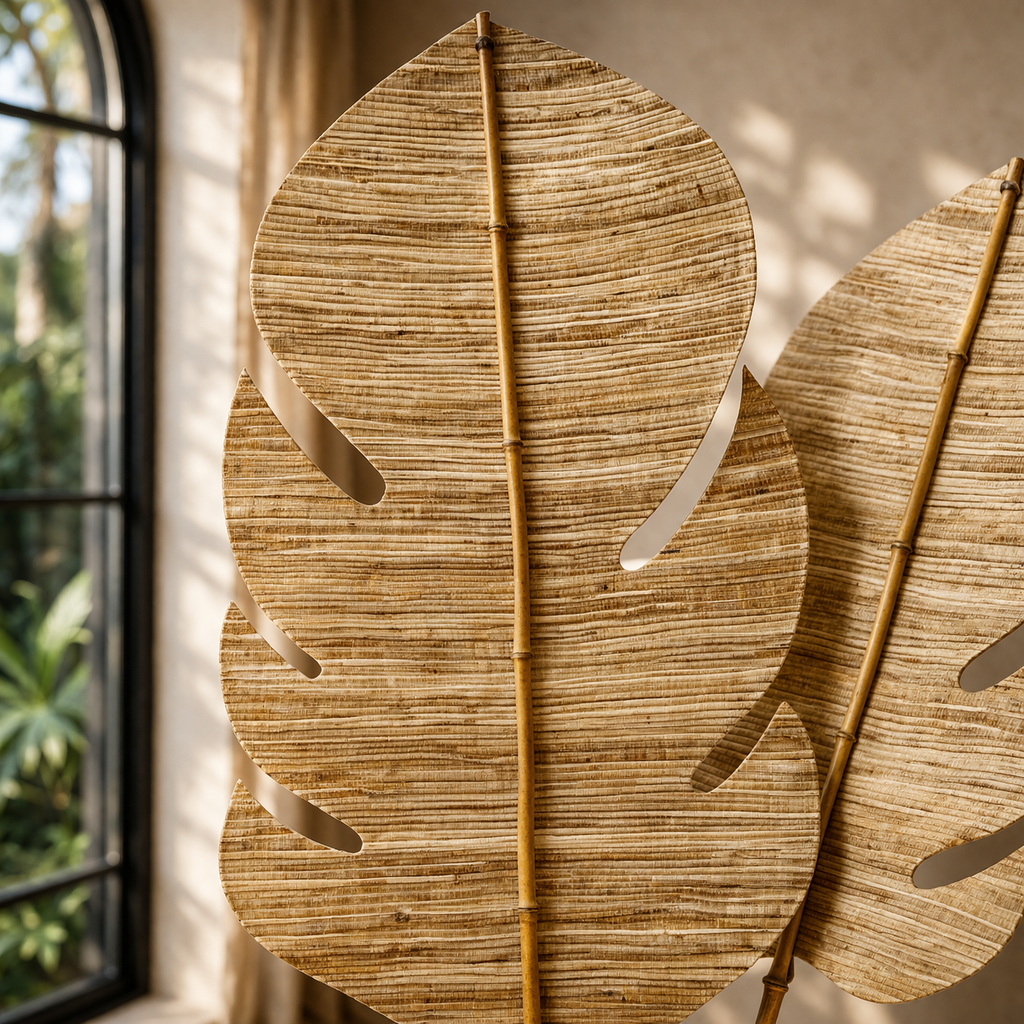Decorative wall art with leaf patterns in a room with a window.