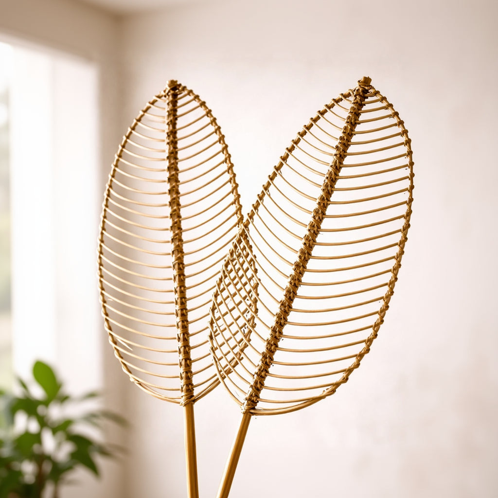 Two gold leaf-shaped decorative items on a plain background