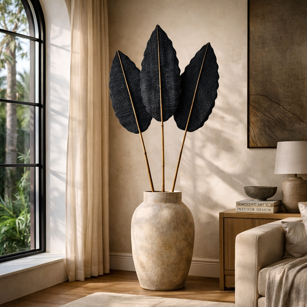 Decorative vase with black leaves in a living room setting